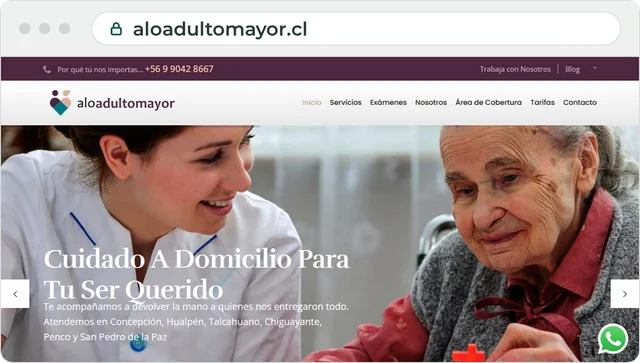 Página de inicio de aloadultomayor.cl, cuidado a domicilio para personas mayores