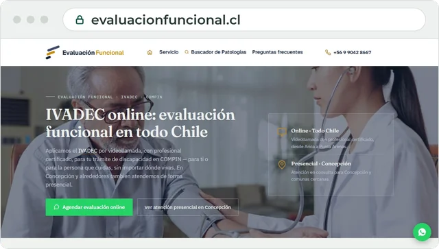 Página de inicio de evaluacionfuncional.cl, IVADEC online en todo Chile
