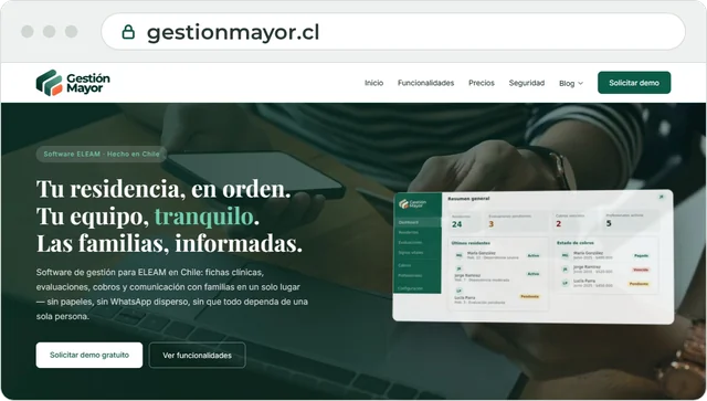 Página de inicio de gestionmayor.cl, software de gestión para ELEAM